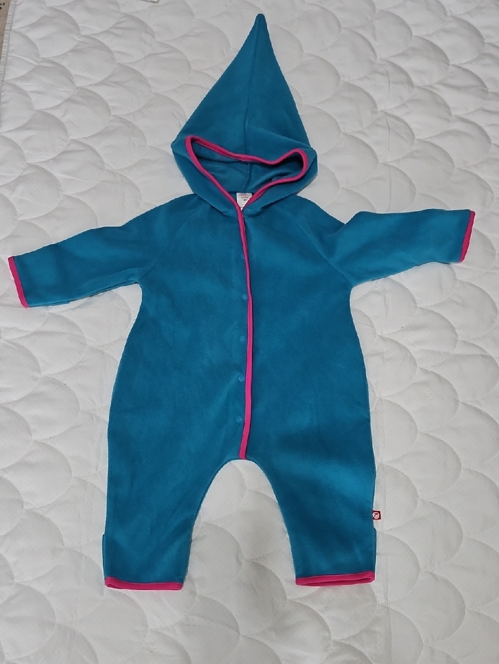 Zutano Teal Footed Hooded One-Piece with Pink Trim